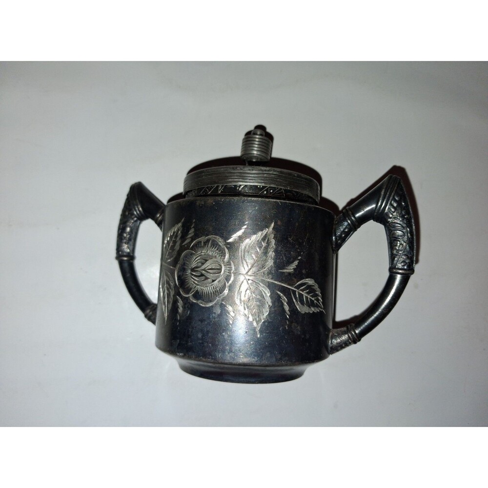 CB Barker MFG Co Quadrupleplated Sugar Bowl with Lid Etched Floral Design USA